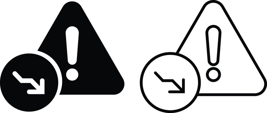 Warning triangle flat, line icon set. Exclamation mark symbol next to a declining down arrow badge silhouette for financial risk design layouts vectors illustration isolated on transparent background.