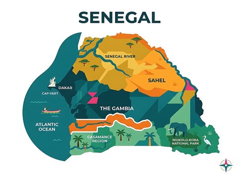 Map of senegal showing regions rivers and national park vector illustration