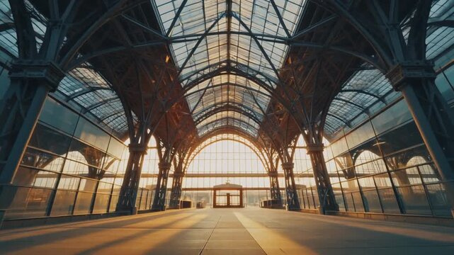 連なる鉄のアーチと巨大なガラス窓が特徴的な高速鉄道駅のアトリウム