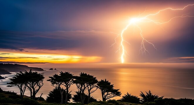 Dramatic Lightning Storm Over Coastal Sunset with Silhouetted Trees and Ocean Horizon