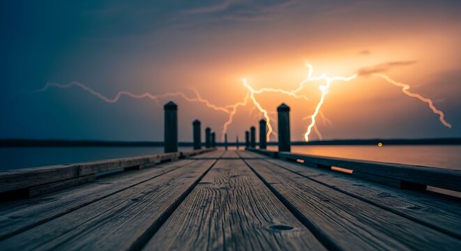 Dramatic Lightning Storm Over Pier at Sunset with Dark Clouds