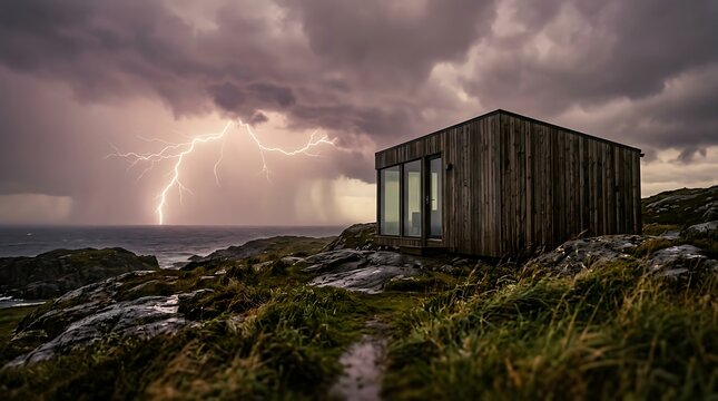 Stormy weather approaches modern wooden cabin on rocky coastline