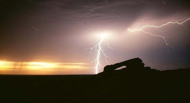 Dramatic Lightning Strike Over Dark Rural Landscape at Dusk with Silhouetted Truck