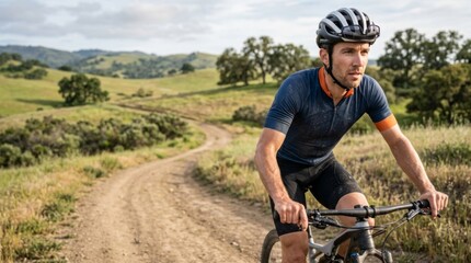 Naklejka premium Male cyclist in performance gear riding mountain bike on a dirt road through a green landscape