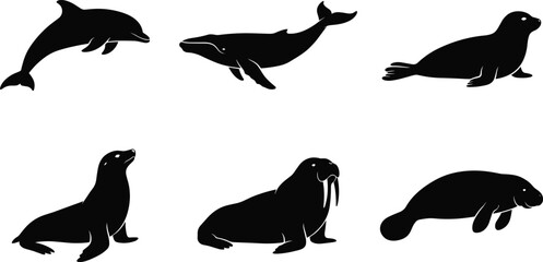 Marine Mammals Silhouette Icon Set with Dolphin Whale Seal Sea Lion Walrus and Manatee for Ocean Wildlife and Sea Aquarium Graphic Designs © Ashik 