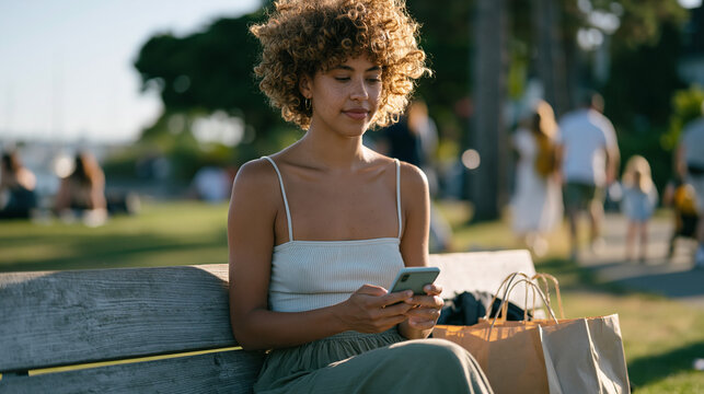 Millennial woman at outdoor park bench under harsh midday sun reviews buy now pay later installment plan on phone app, school supply shopping bags at feet, end of summer families