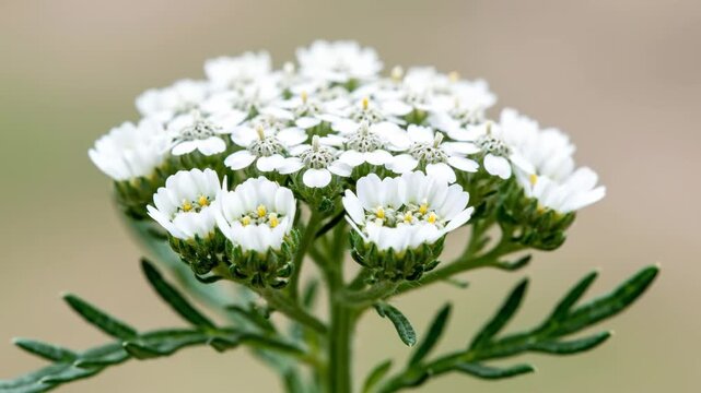Macro Close-Up of White Yarrow Flower (Achillea Millefolium) with Buds in Nature