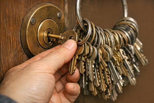 A person holds a bunch of keys in their hand, ready to unlock something