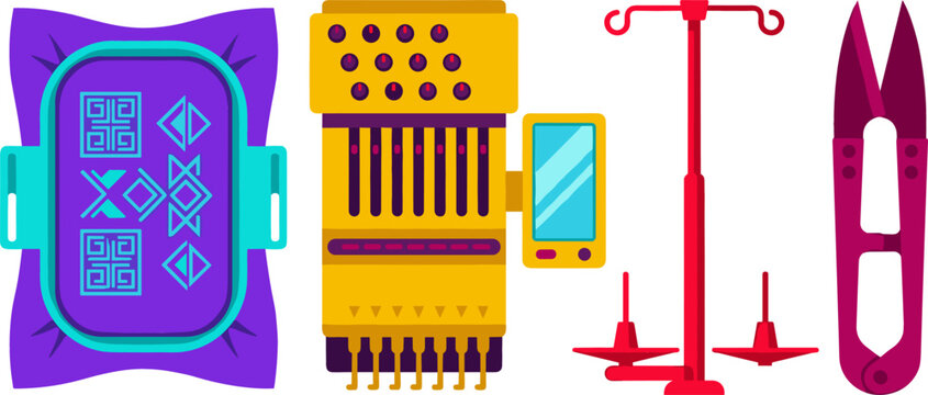 Flat Vector Icon Set Featuring Embroidery Machine Hoop with Fabric Thread Stand and Sewing Snips for Textile and Craft Crafting Designs