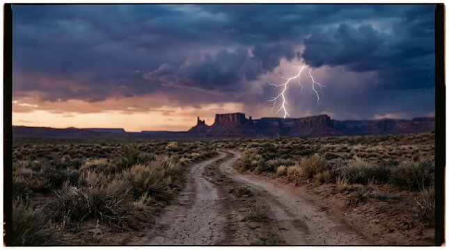 Dirt Road Through Stormy Prairie with Dramatic Lightning at Sunset
