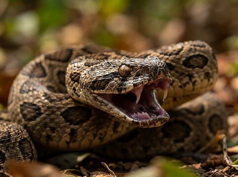 Close-up of a camouflaged viper snake resting on forest floor.