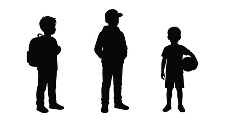Three boys standing in various poses depicted as a black silhouette against a white background child children kid © APIM02SN
