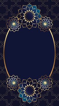 Luxury Islamic blue background with golden oval frame, mandalas, and arabesque pattern with copy space for Muslim invitations and holiday greeting cards.