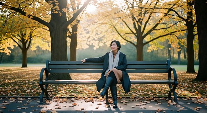 Man sitting on park bench surrounded by autumn leaves