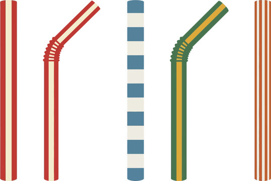 Set of colorful striped drinking straws and plastic bendy tube icons isolated on white background