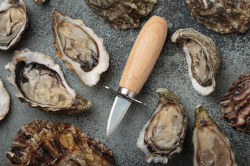 Fresh open and closed oysters with oyster knife on gray background top view © somegirl
