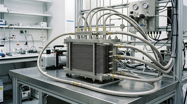 Industrial metal fuel cell stack with complex braided silver hoses connected to a high pressure testing unit for energy research