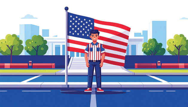 Man holding American flag patriotically dressed.