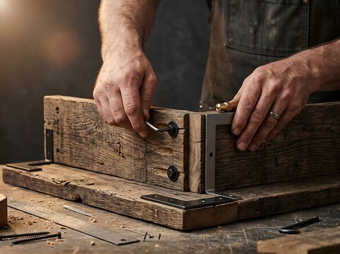 Craftsman working with wood and hand tools in workshop.