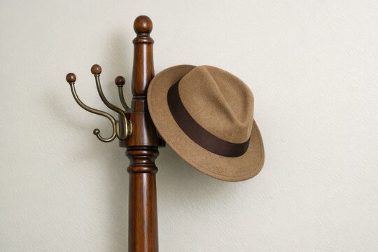 A hat hangs from a coat rack, ready to be taken out