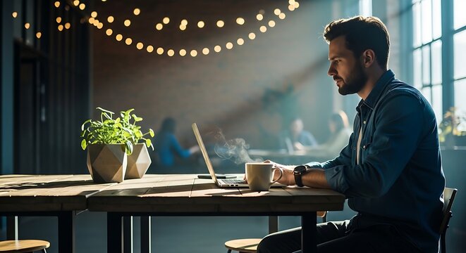 Man working on laptop at wooden table in cozy cafe