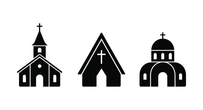 Three church silhouettes featuring varying architectural styles against a white background silhouette churches chapel temple religious building sacred