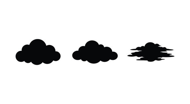 Three black cloud silhouettes with varying shapes against a white background silhouette clouds cumulus nimbus weather sky atmosphere