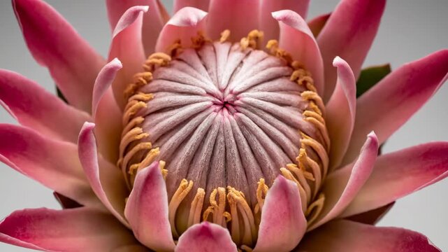 Close up of a pink Protea flower bud with green leaves on a gray background
