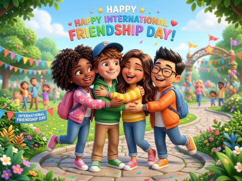 Four cheerful friends celebrating international friendship day together outdoors