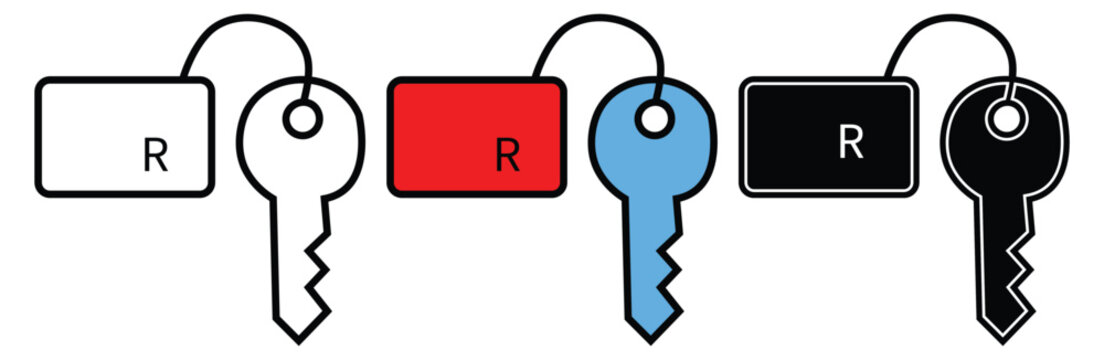 Three colorful keys with letter r tags presented as a flat vector graphic on transparent background