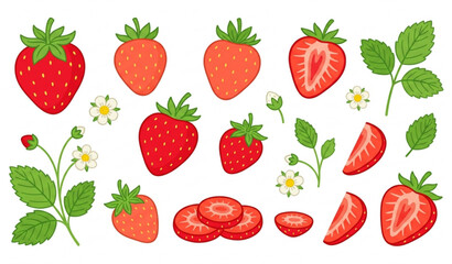 Hand drawn strawberry collection with fresh red berries flat vector set © MstLima