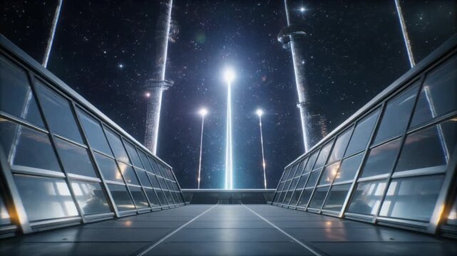 透明なポリマーの壁が広がる宇宙エレベーターの展望デッキ