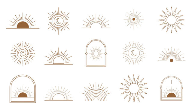minimalist line art sun and moon icons in various styles and frames