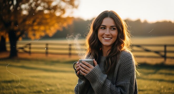 Young woman hugging herself in autumn field during golden hour with falling leaves