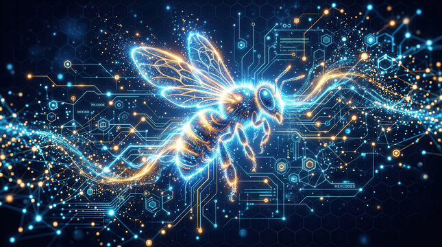 Digital Bee's Futuristic Flight: A glowing, stylized bee, rendered with intricate circuit board patterns and vibrant neon lights, appears to fly through a futuristic digital landscape.