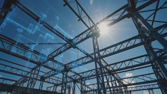 巨大な光る青いホログラムと重なる建設中の高層ビルの鉄骨（BIM・建設DX）