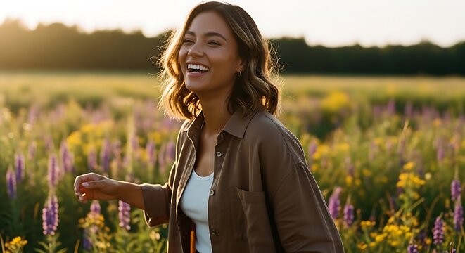 Woman Smiling Holding Coffee Cup in Sunny Wildflower Field at Sunset