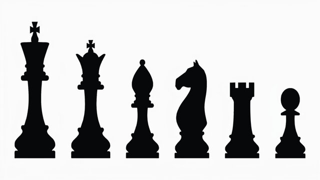 Silhouettes of six chess pieces on white background