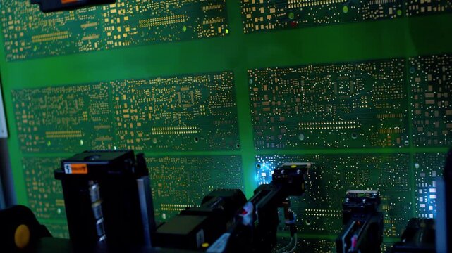Industrial robot checks the assembly of elements on a circuit board. High-tech manufacturing process, automated microelectronics inspection, and precision hardware quality control in a smart factory.