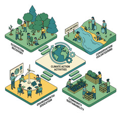 Fototapeta premium Visualizing global climate action Illustrating sustainable practices in ecosystem recovery, conservation volunteering, environmental education, and community sustainability