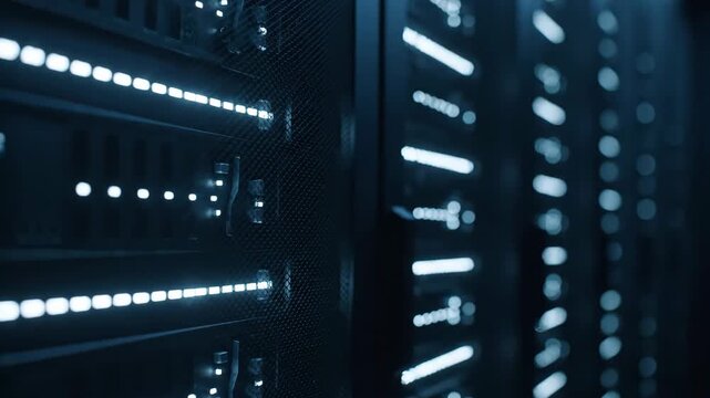 Server Room Data Center with Blinking LED Lights on Professional Hardware Equipment for Cloud Computing and Networking