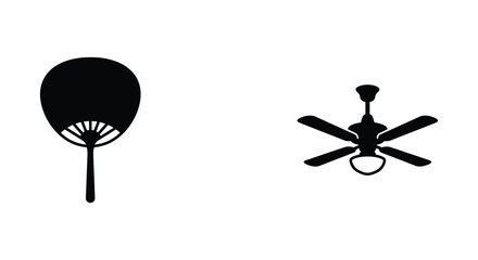 Black silhouette depictions of a handheld fan and a ceiling fan against a white background silhouette folding cooling © APIM02SN