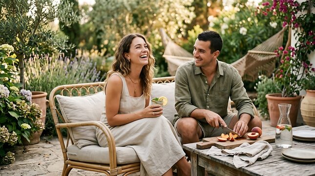 Couple enjoying wine and conversation at outdoor garden brunch in warm sunlight