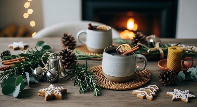 Cozy Winter Holiday Table Setting with Candles and Festive Decorations