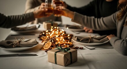 Naklejka premium Holiday gift box with golden decorations on festive dining table setting