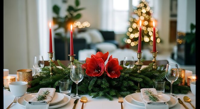 Christmas dinner table setting with candles and flowers