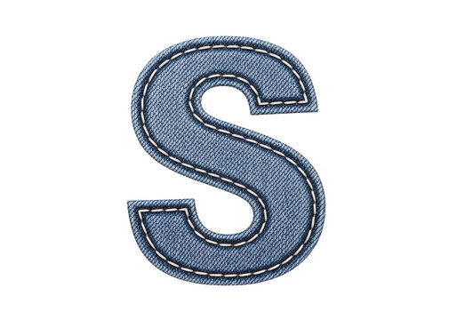 Letter S made from blue denim fabric with white stitching isolated on transparent background for text