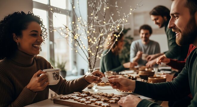 Friends celebrating birthday with cake and drinks at cozy indoor dinner party