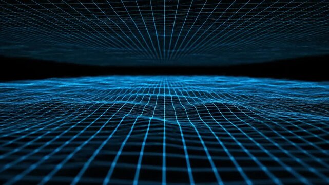 Futuristic blue glowing wireframe grid landscape over black background