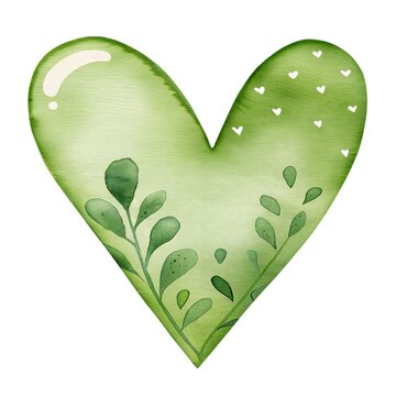 Watercolor illustration of a green heart decorated with leaves and small heart patterns isolated on white background.